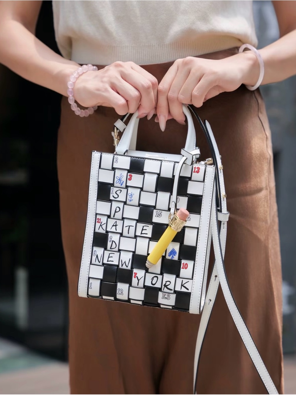 Kate Spade Wordplay Mini Manhattan Leather Tote - Black & White Crossword